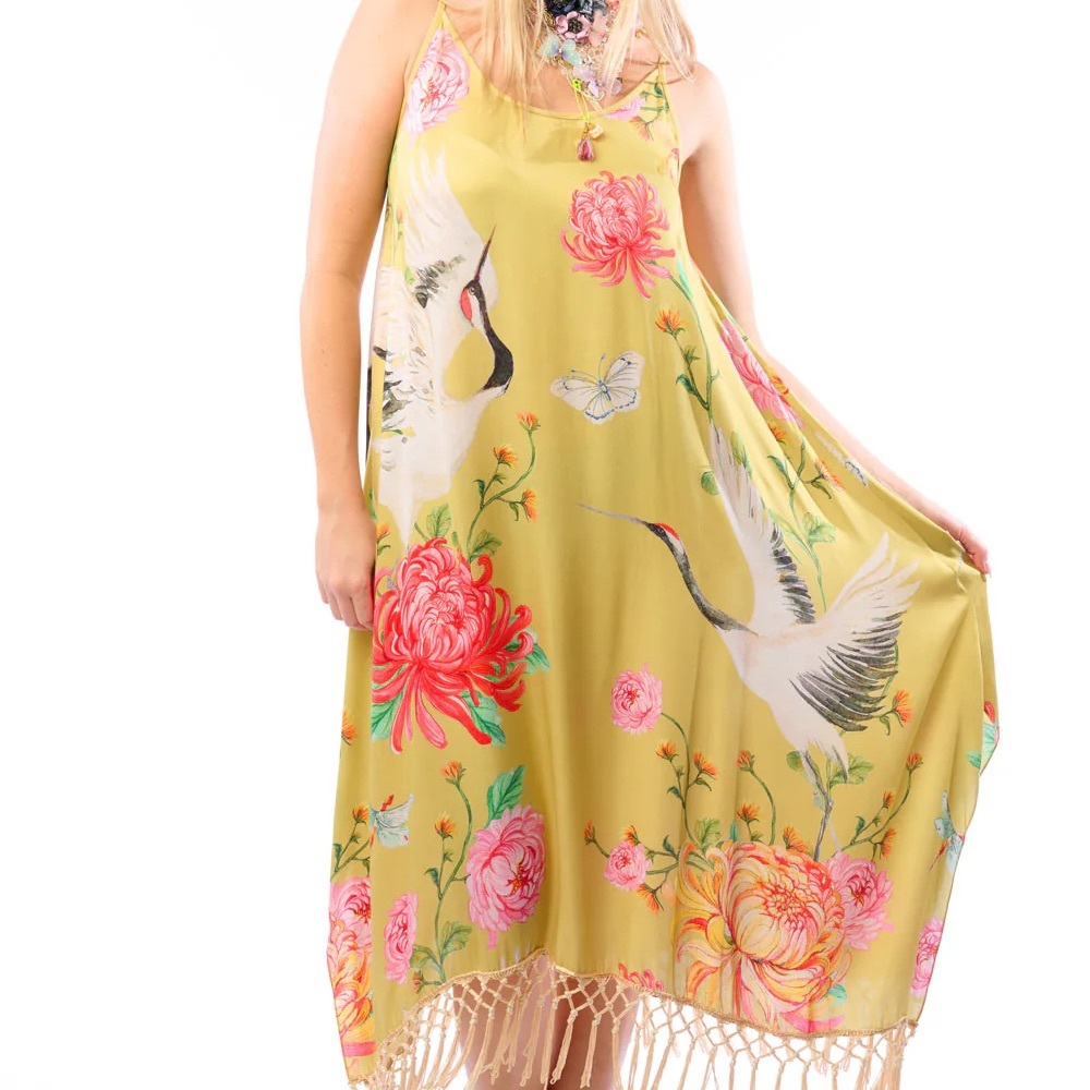 NWT Aratta Silent Journey Yellow Legend of the Crane Floral Maxi Dress Small S